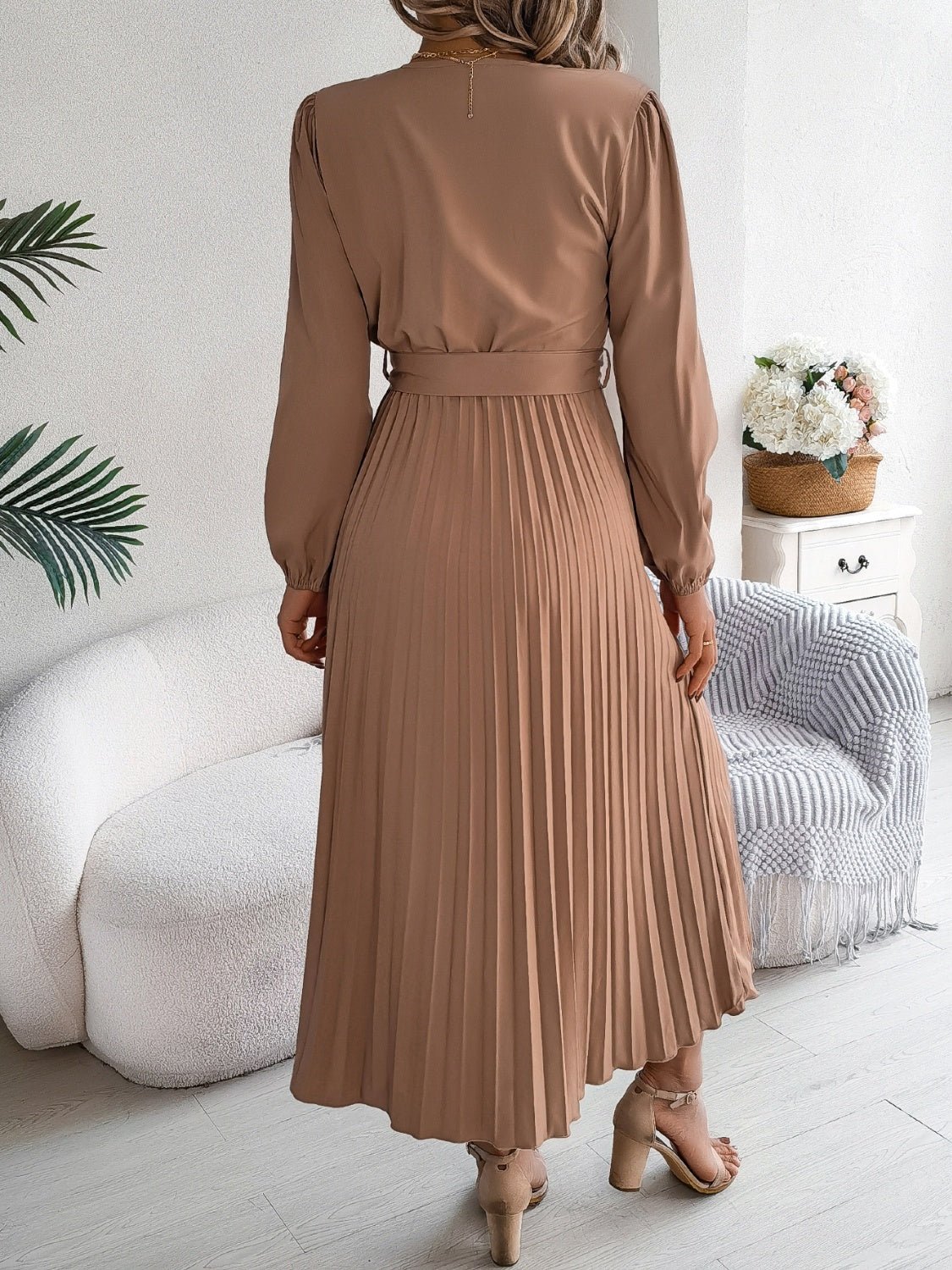 Pleated Tied V-Neck Long Sleeve Dress  