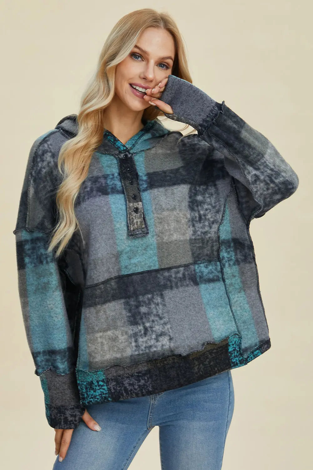 Double Take Full Size Plaid Dropped Shoulder Hoodie  