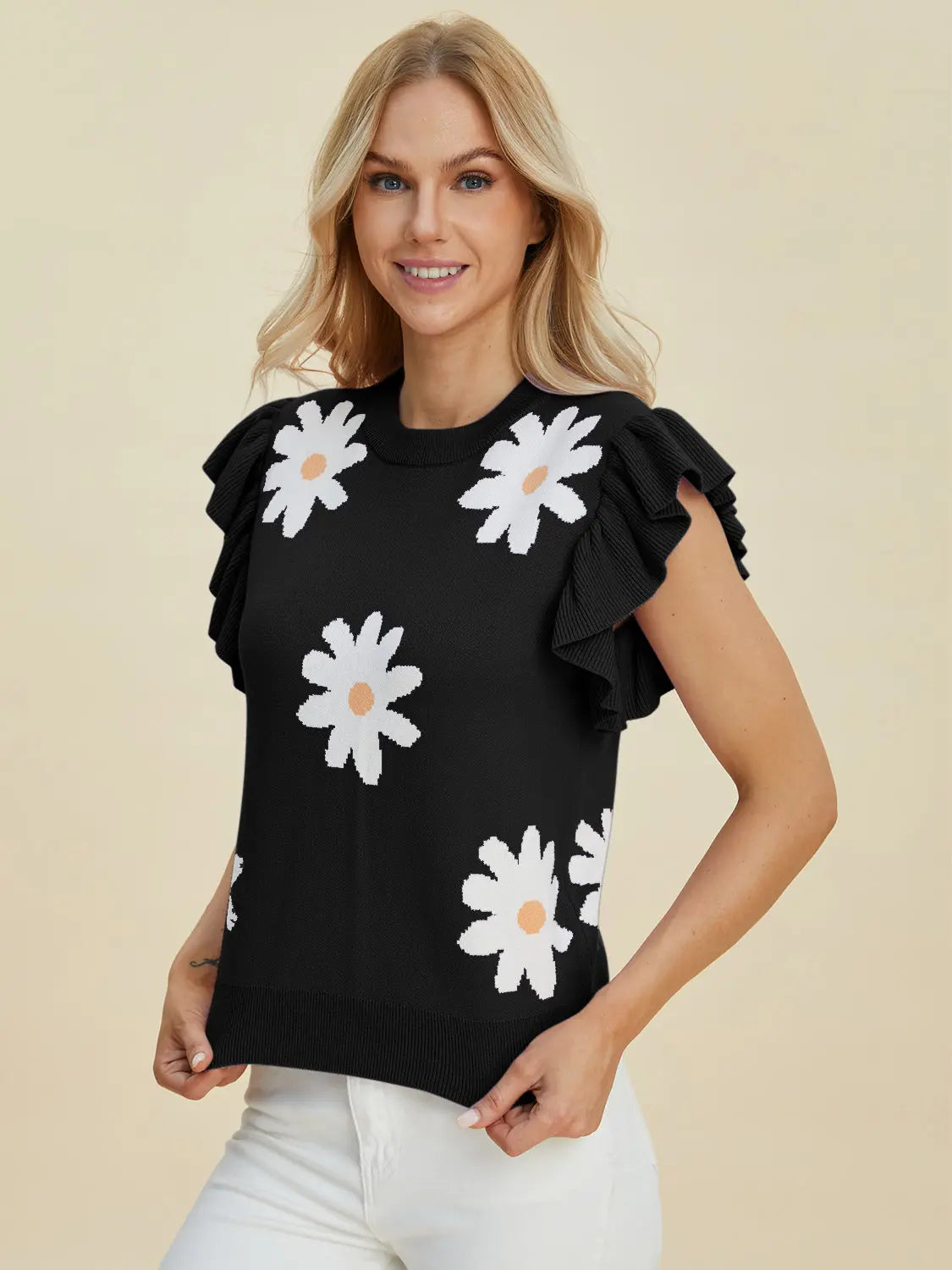 Double Take Full Size Ruffled Flower Round Neck Cap Sleeve Sweater  