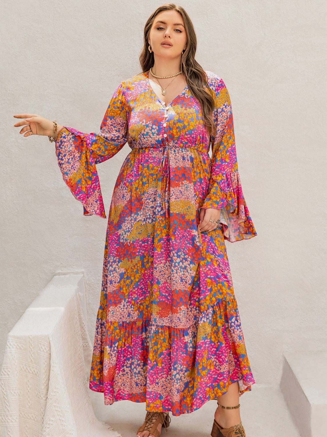 Plus Size Printed V-Neck Long Sleeve Maxi Dress  