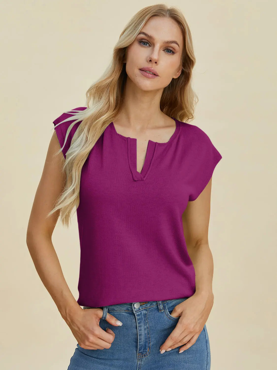 Double Take Full Size Notched Cap Sleeve Knit Top  