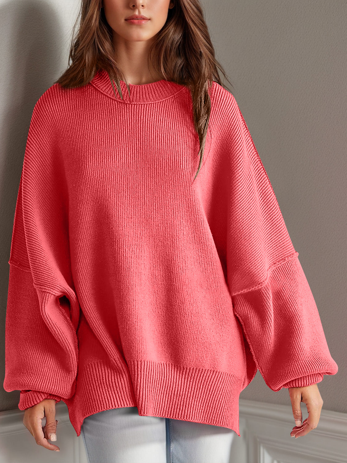 Double Take Side Slit Round Neck Long Sleeve Sweater  