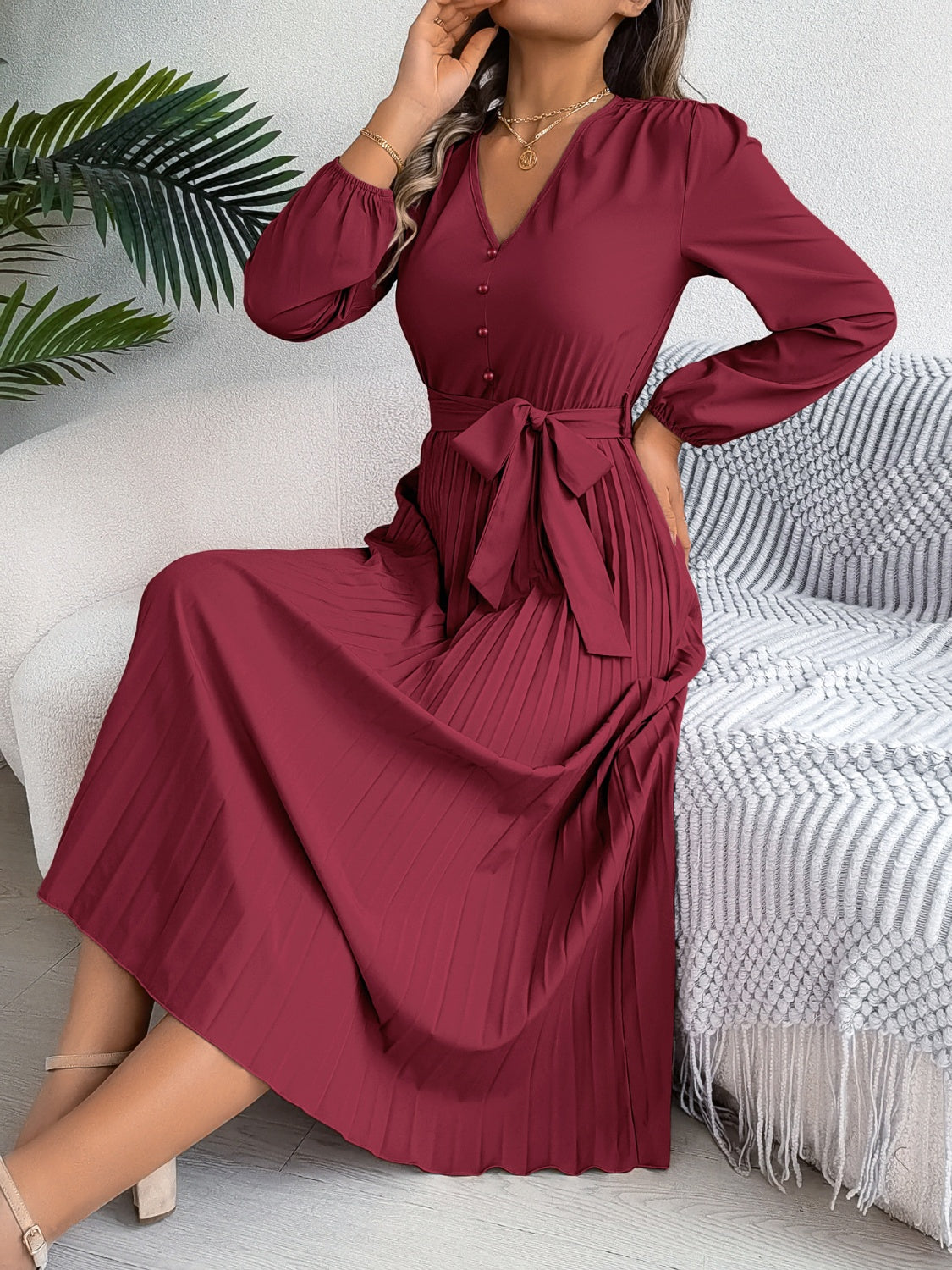 Pleated Tied V-Neck Long Sleeve Dress  