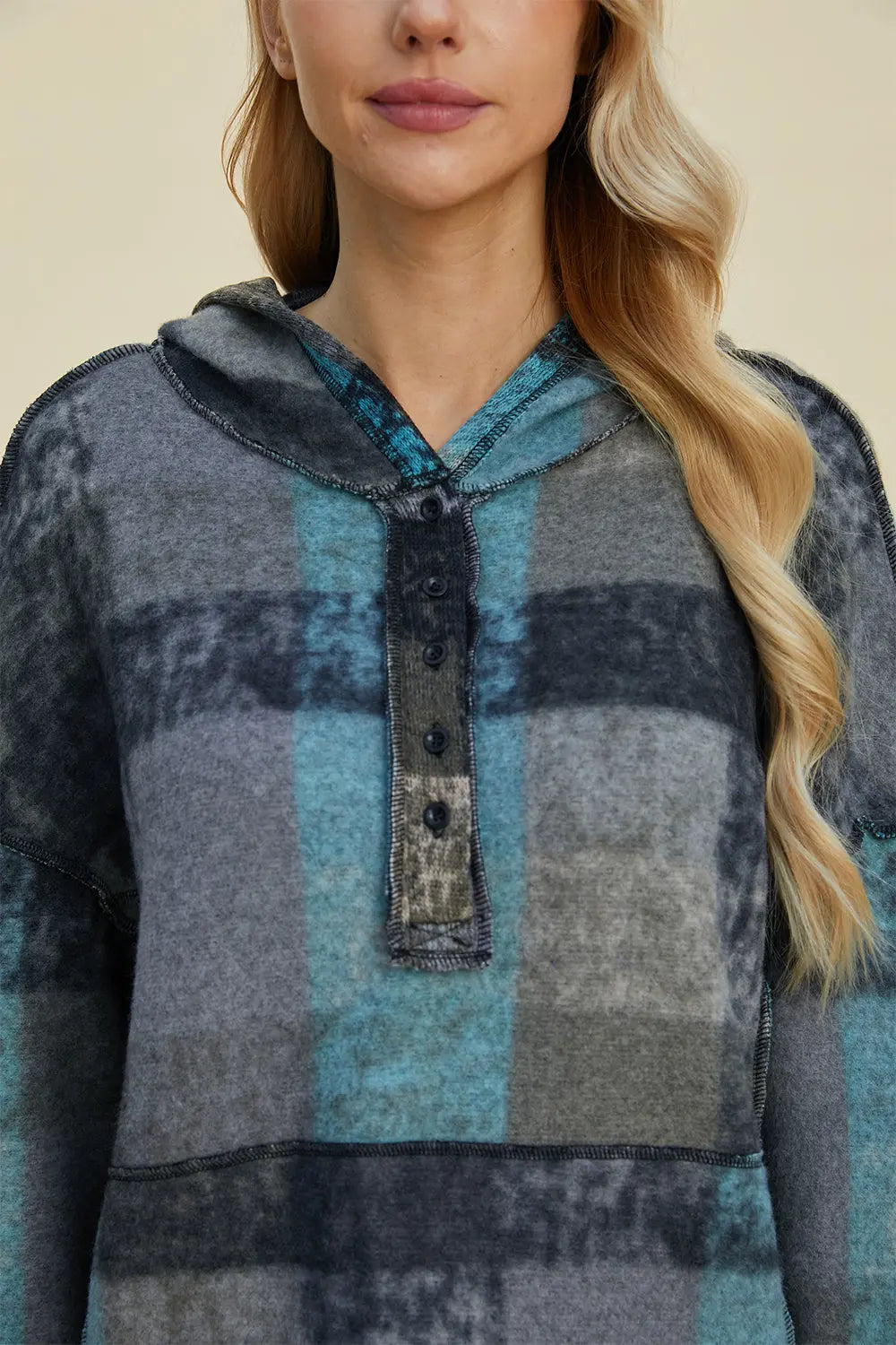 Double Take Full Size Plaid Dropped Shoulder Hoodie  