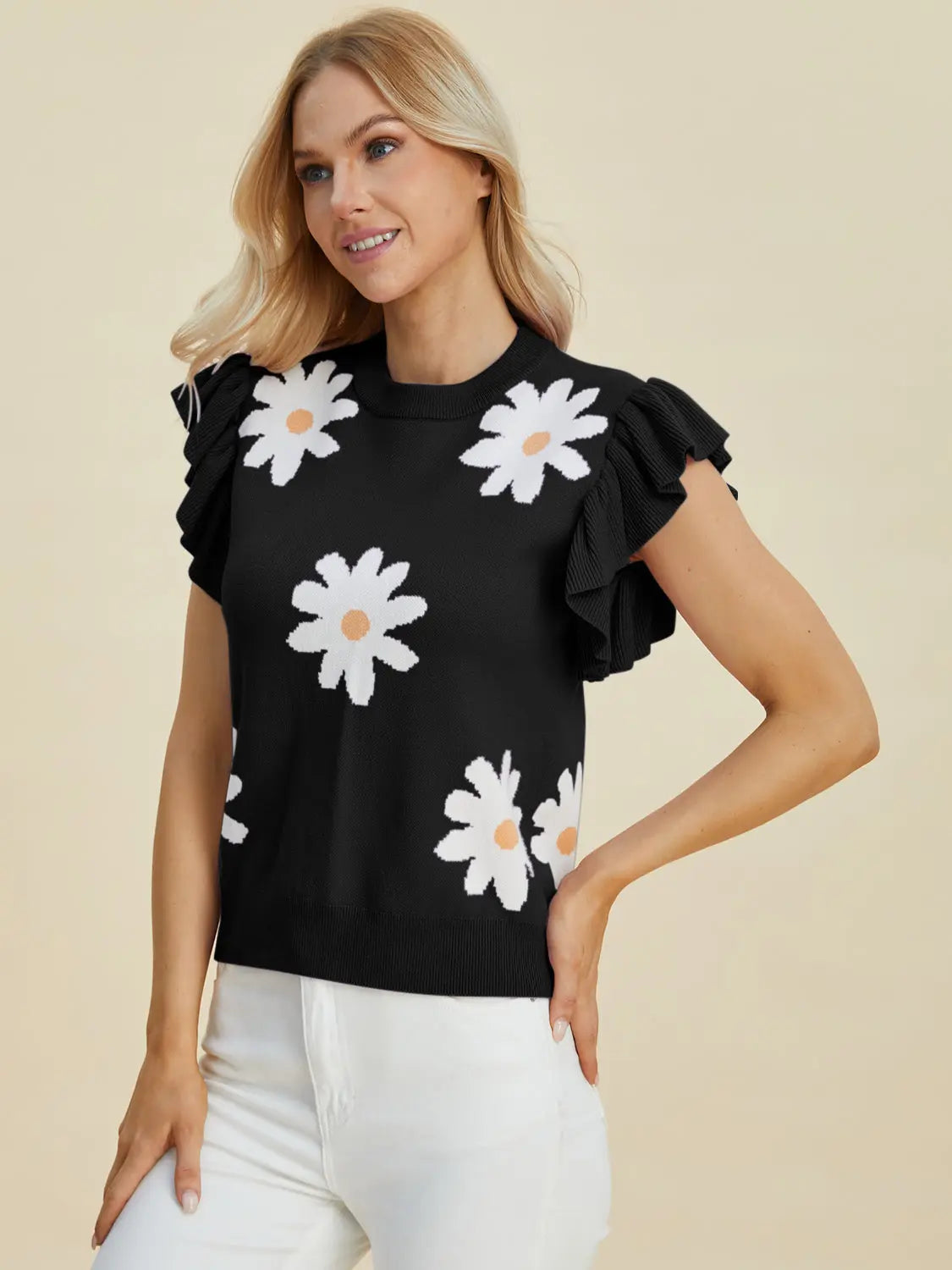 Double Take Full Size Ruffled Flower Round Neck Cap Sleeve Sweater  