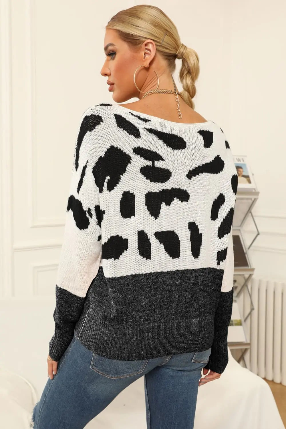 Full Size Two-Tone Boat Neck Sweater  