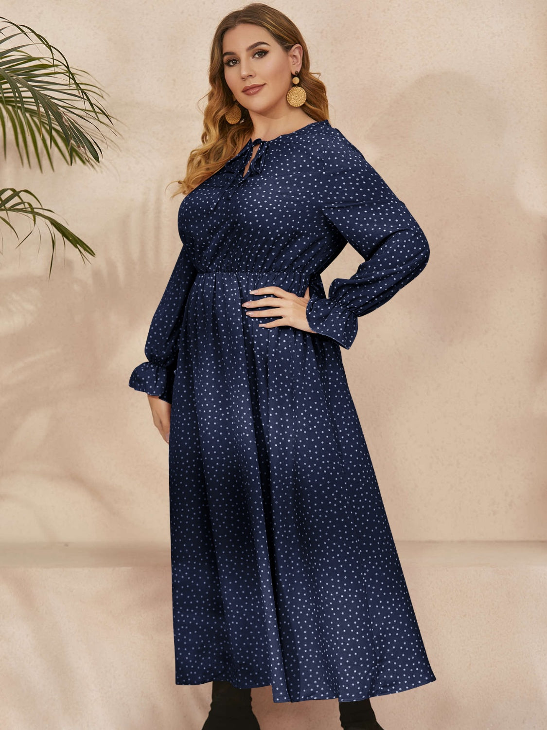 Honey Plus Size Ruffled Polka Dot Long Sleeve Midi Dress  