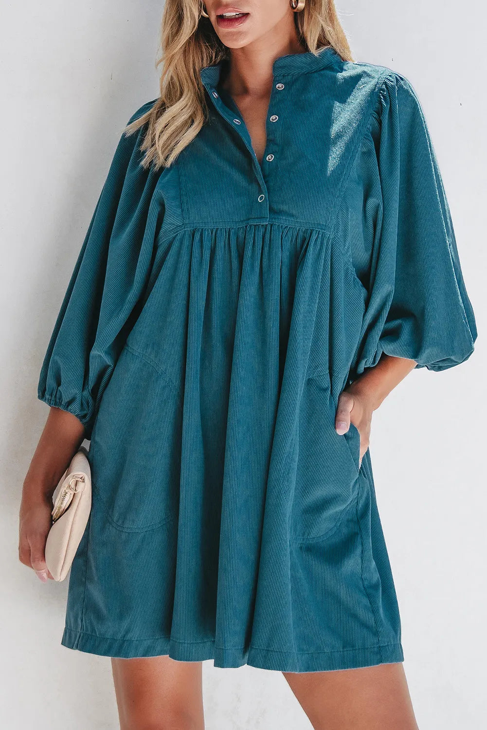 Quarter Snap Three-Quarter Sleeve Dress with Pockets  