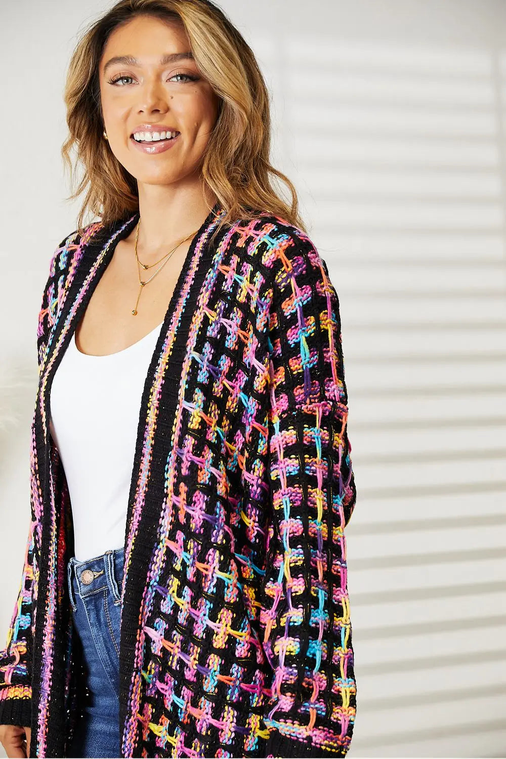 Angel Wings Full Size Multicolored Open Front Fringe Hem Cardigan  