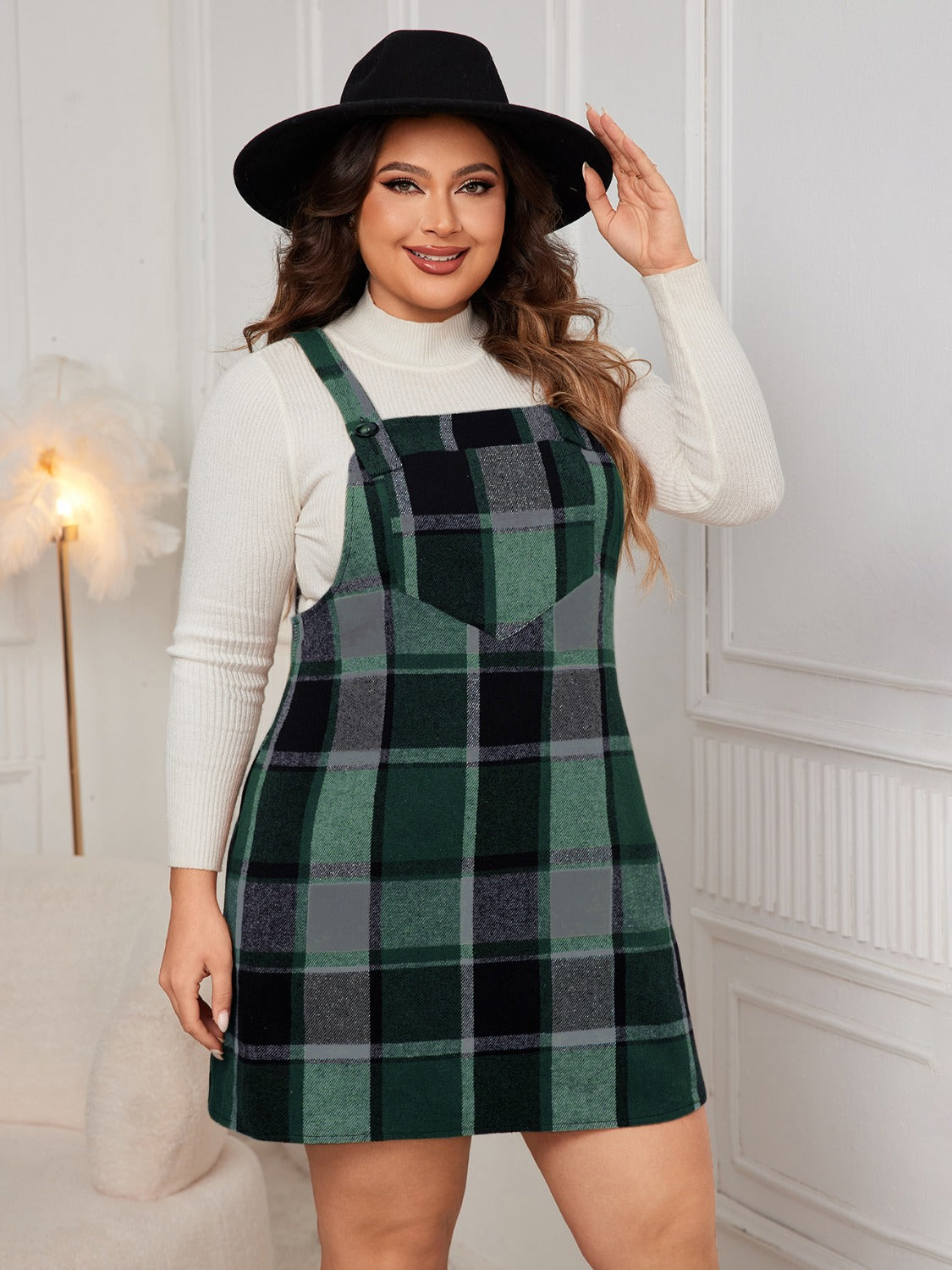 Honey Plus Size Plaid Wide Strap Overall Dress  