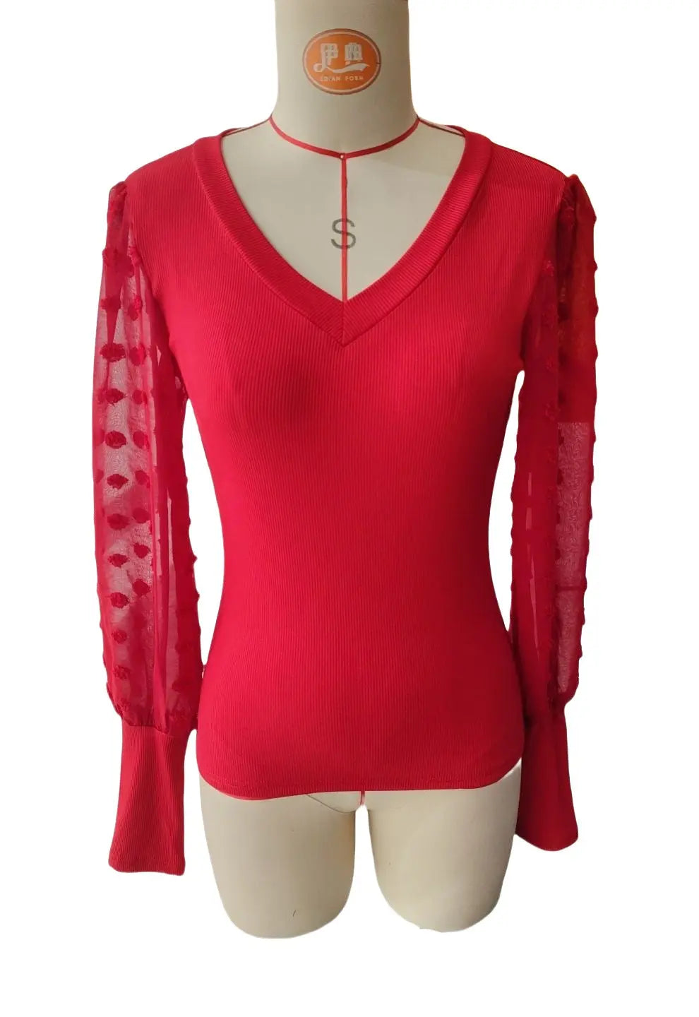 Elegant Rib V-neck Sleeve Chiffon Stitching Long Sleeve T-shirt Slimming Top  