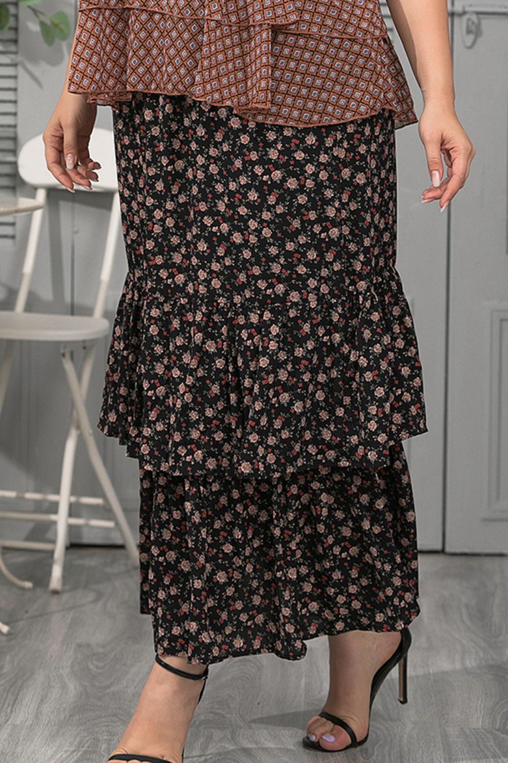 Plus Size Ditsy Floral Layered Maxi Skirt  