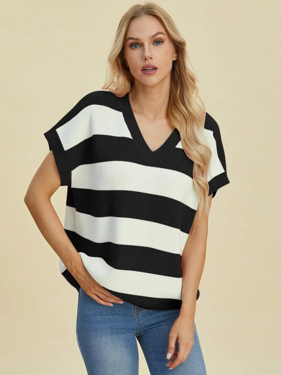 Double Take Full Size Striped V-Neck Short Sleeve Sweater  