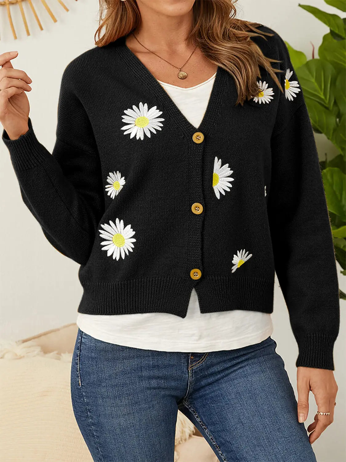 Flower Button Front Dropped Shoulder Cardigan  