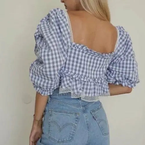 Plaid Women Lace Ruffle Blouses  