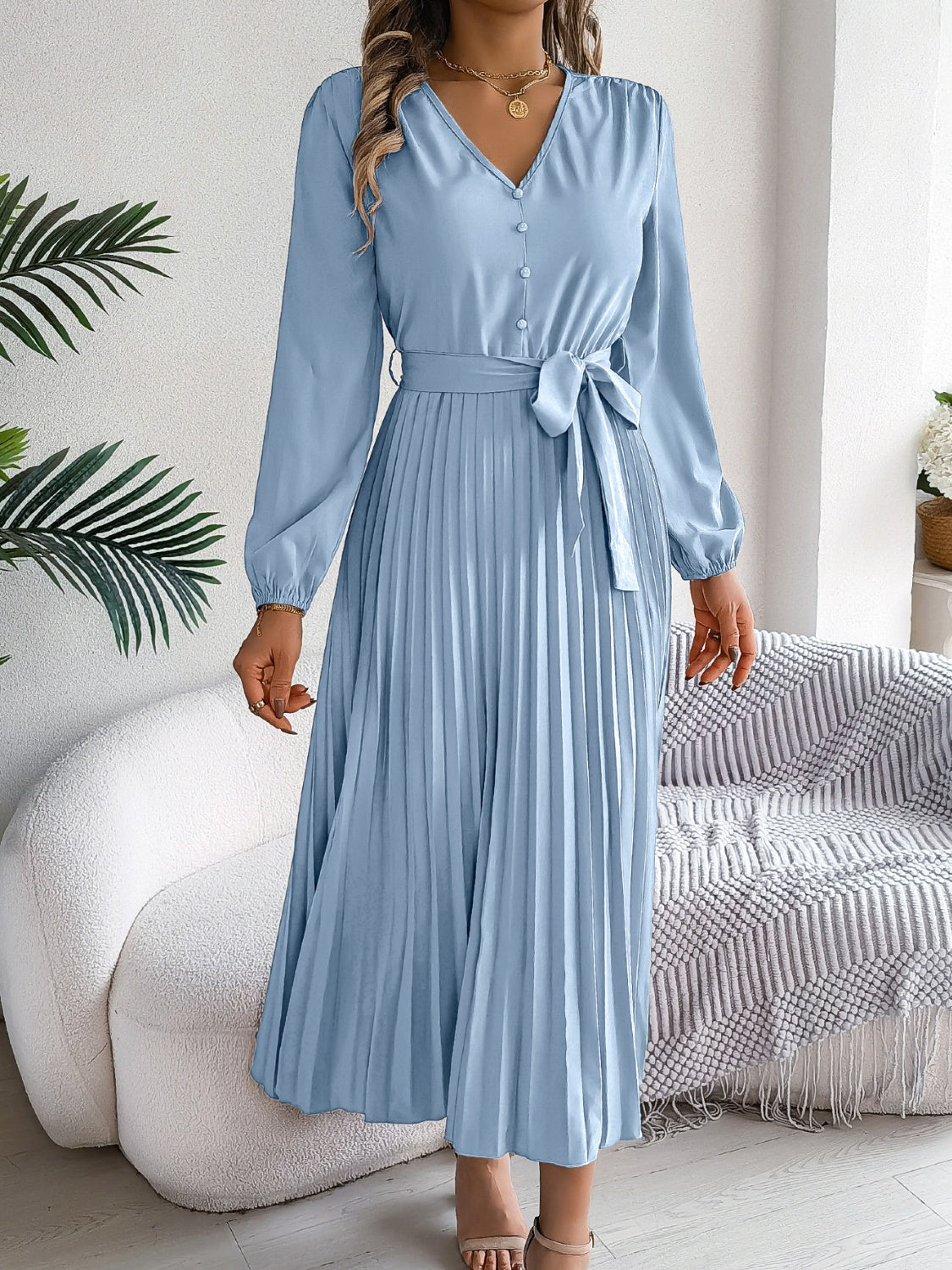 Pleated Tied V-Neck Long Sleeve Dress  