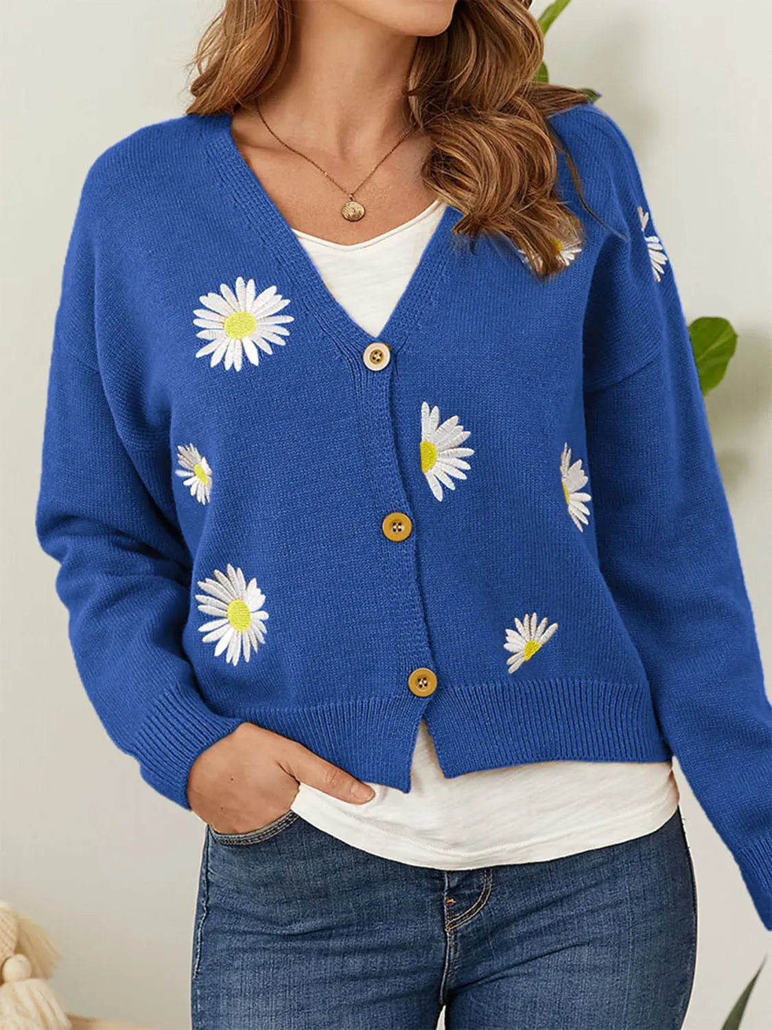 Flower Button Front Dropped Shoulder Cardigan  