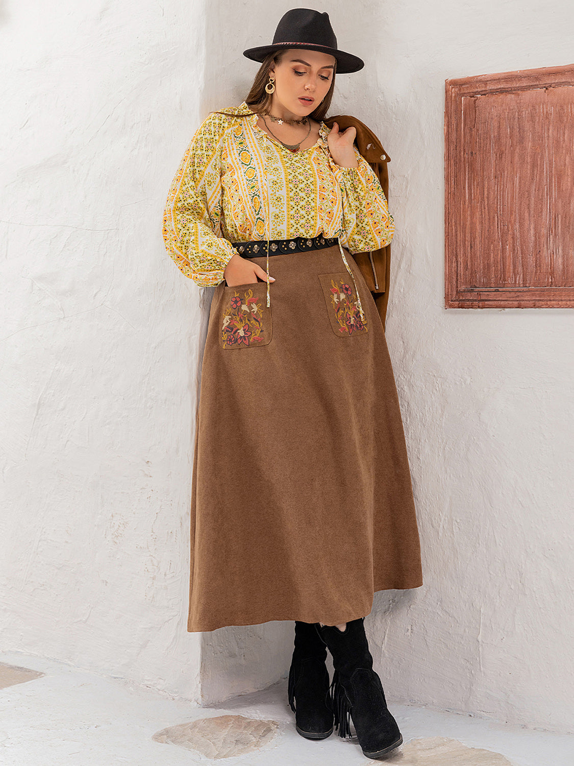 Plus Size Embroidered Pocketed High Waist Skirt  