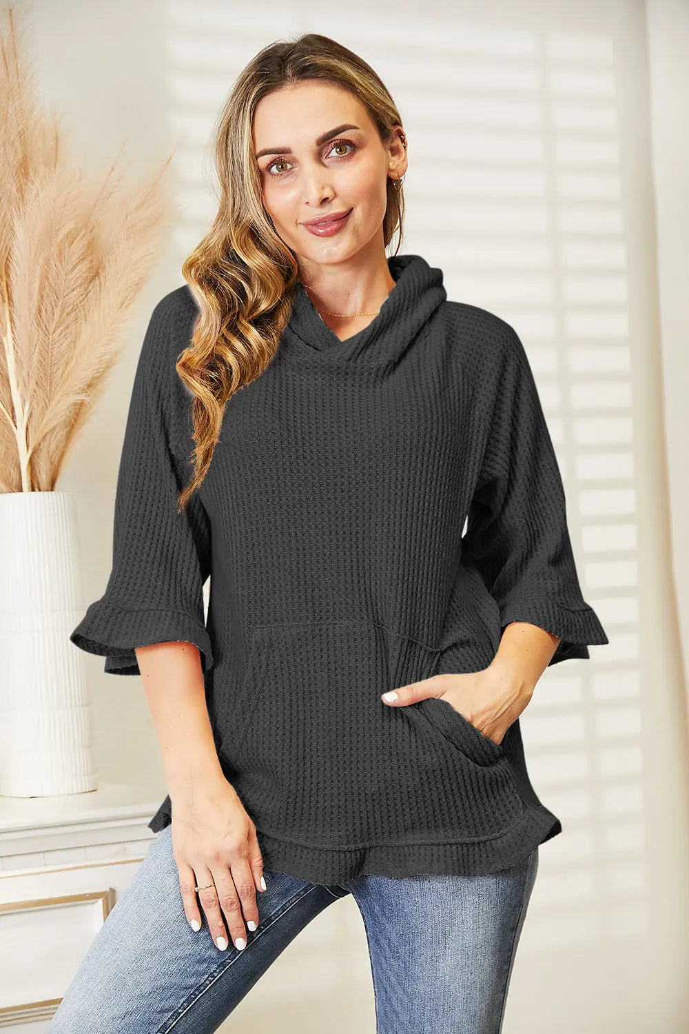 Full Size Waffle-Knit Ruffle Hem Hoodie  