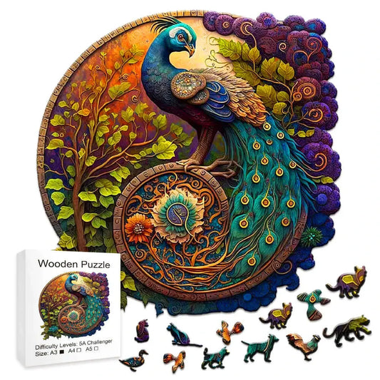 Round Peacock Bird Wooden Puzzle Adult kids Toy