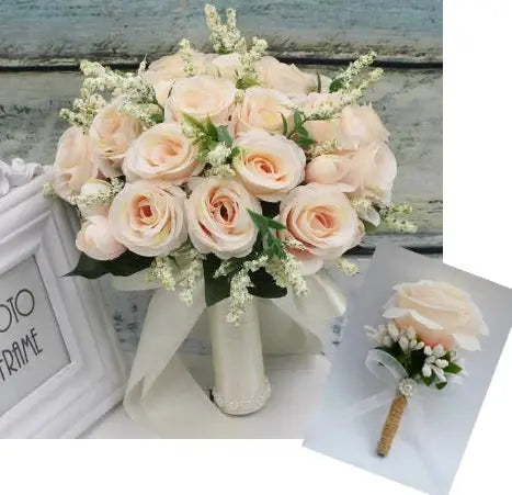 echo-friendly Holding Flowers Artificial Natural Rose Wedding Bouquet with Silk Satin Ribbon Pink White Champagne Bridesmaid Bridal Party