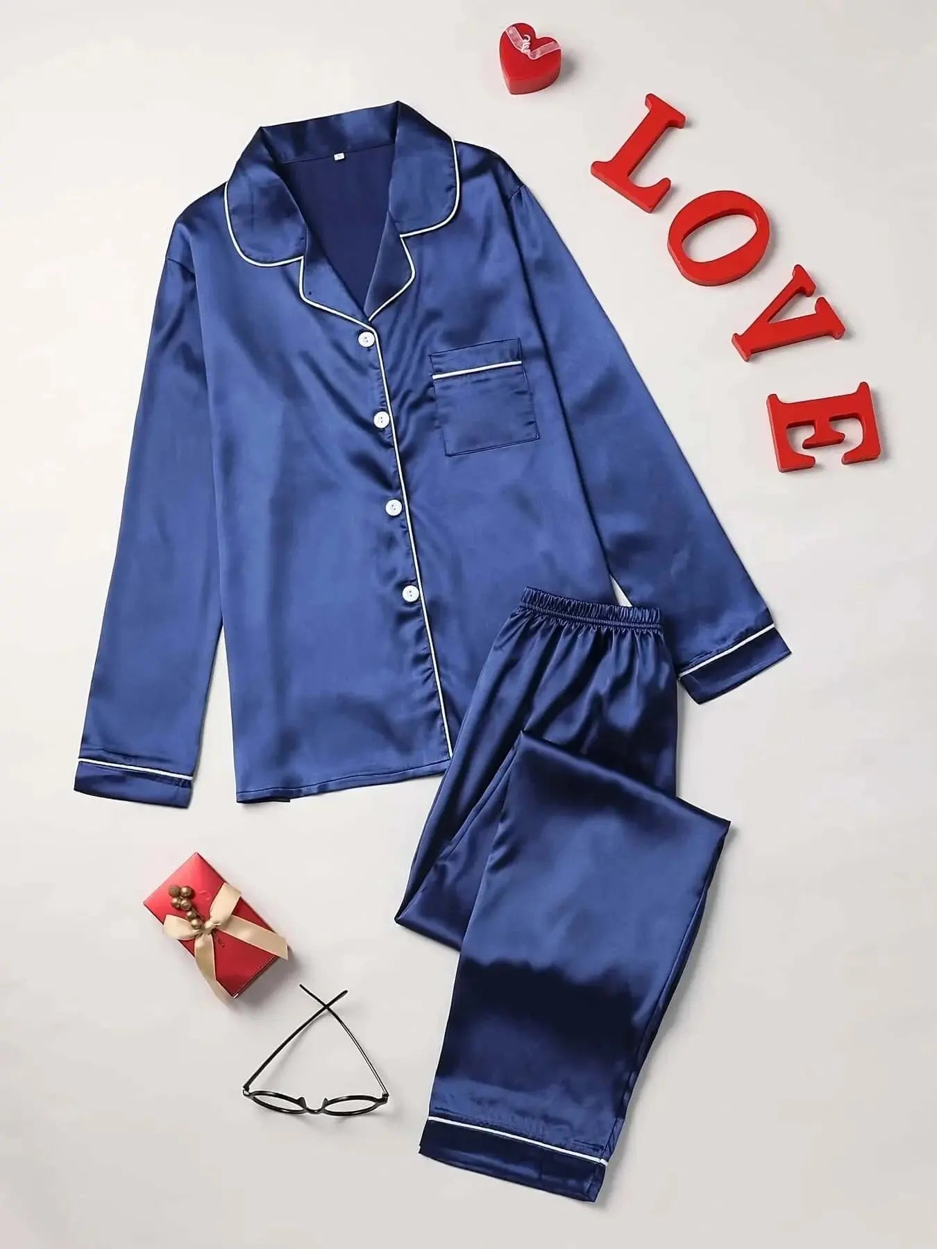 Solid Pajama Set Long Sleeve Button Up Lapel Top & Pants Pj Set Women's Sleepwear & Loungewear