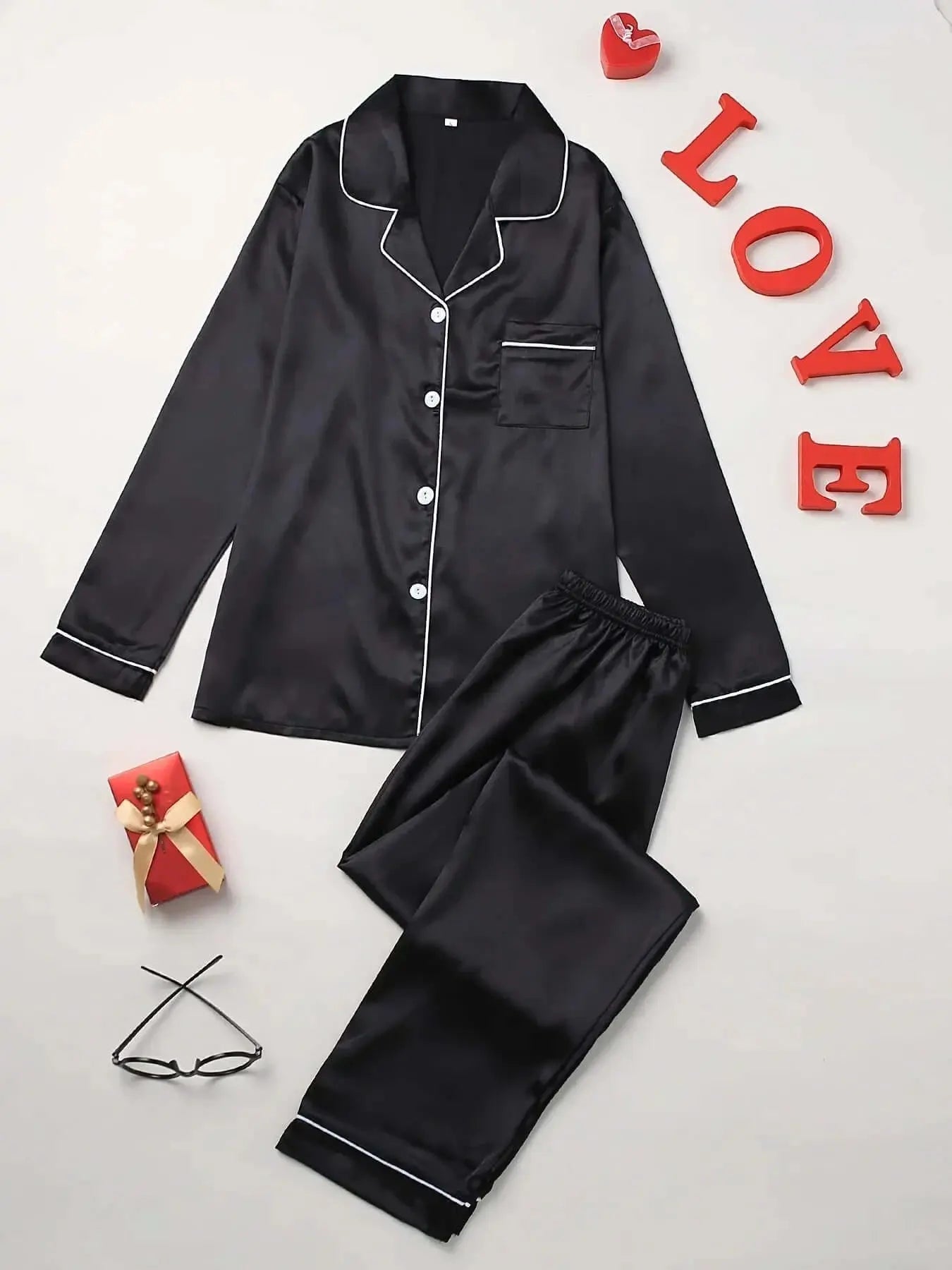 Solid Pajama Set Long Sleeve Button Up Lapel Top & Pants Pj Set Women's Sleepwear & Loungewear