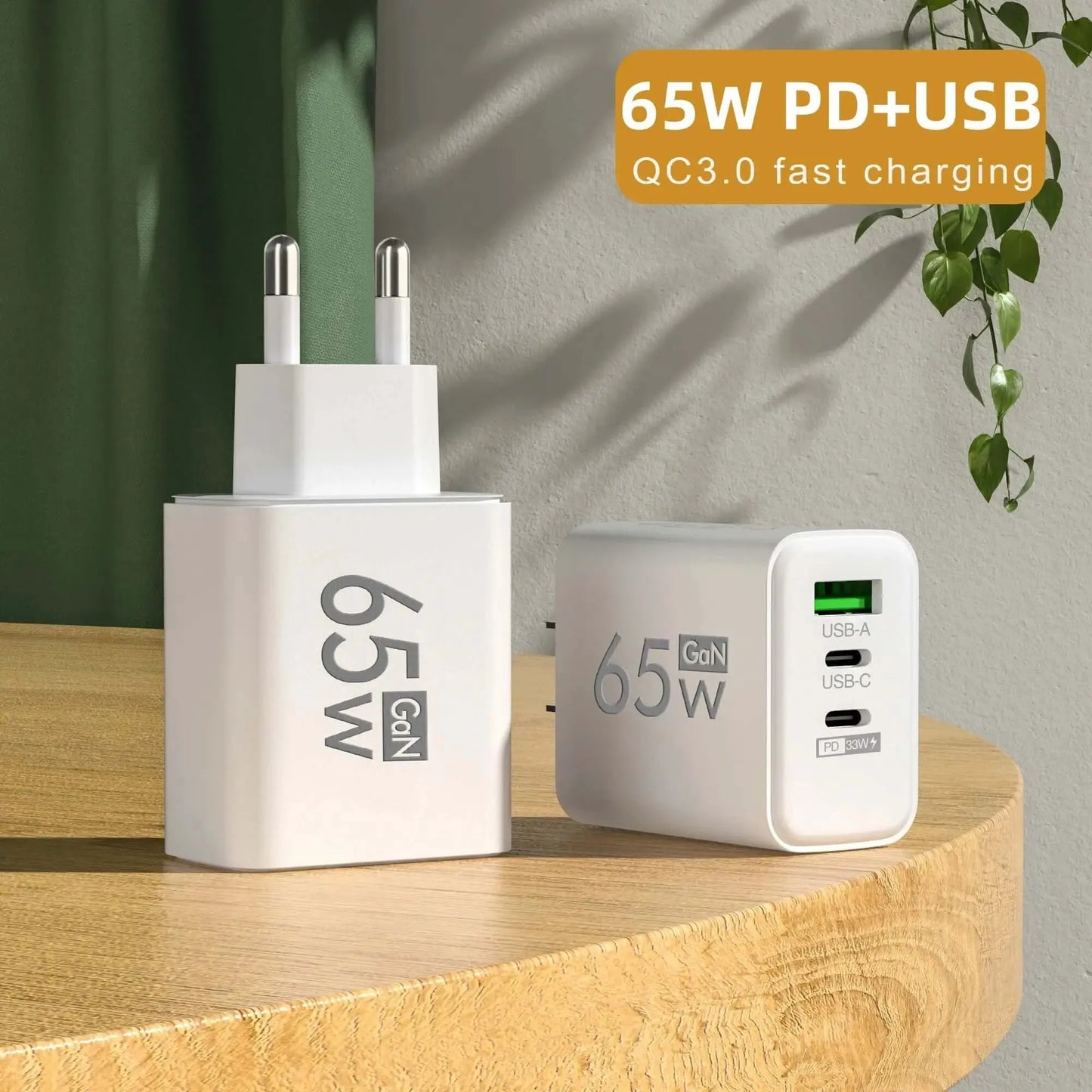 PD 65W GaN USB Charger, Fast Charging Type C Adapter, iPhone 15, Huawei, Quick Charge 3.0, EU/US Plug