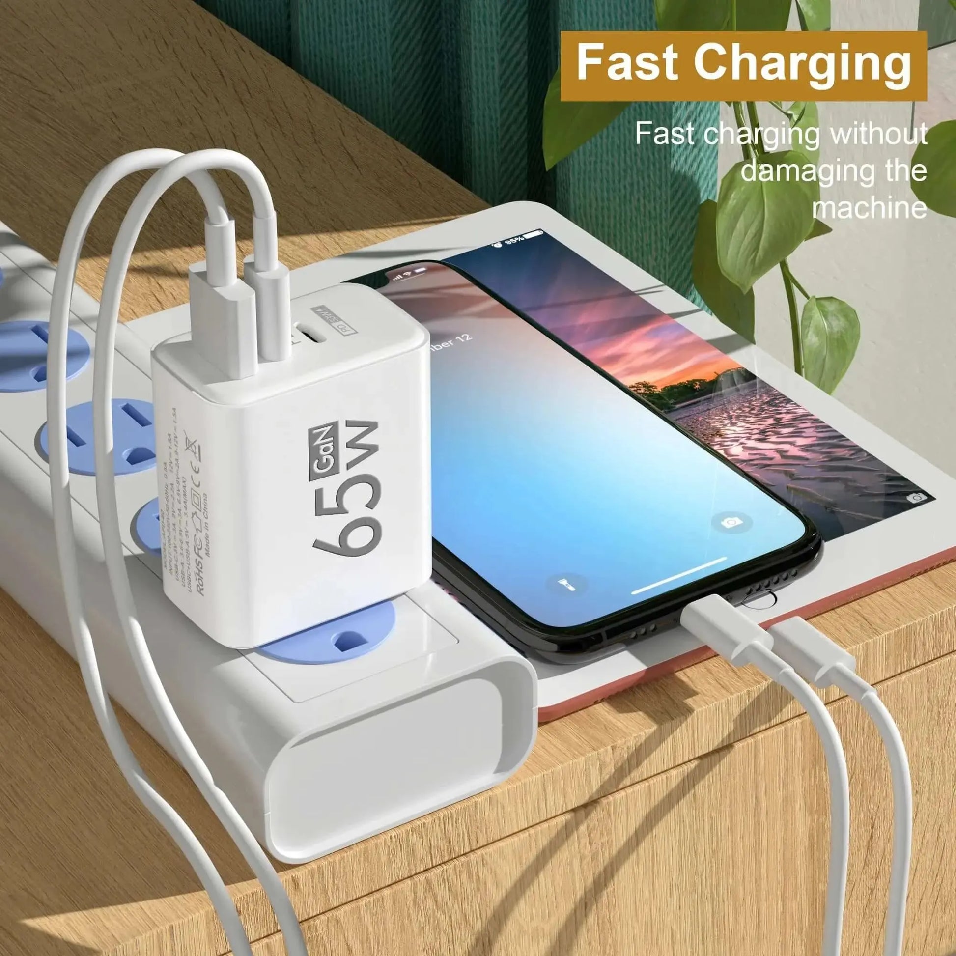 PD 65W GaN USB Charger, Fast Charging Type C Adapter, iPhone 15, Huawei, Quick Charge 3.0, EU/US Plug